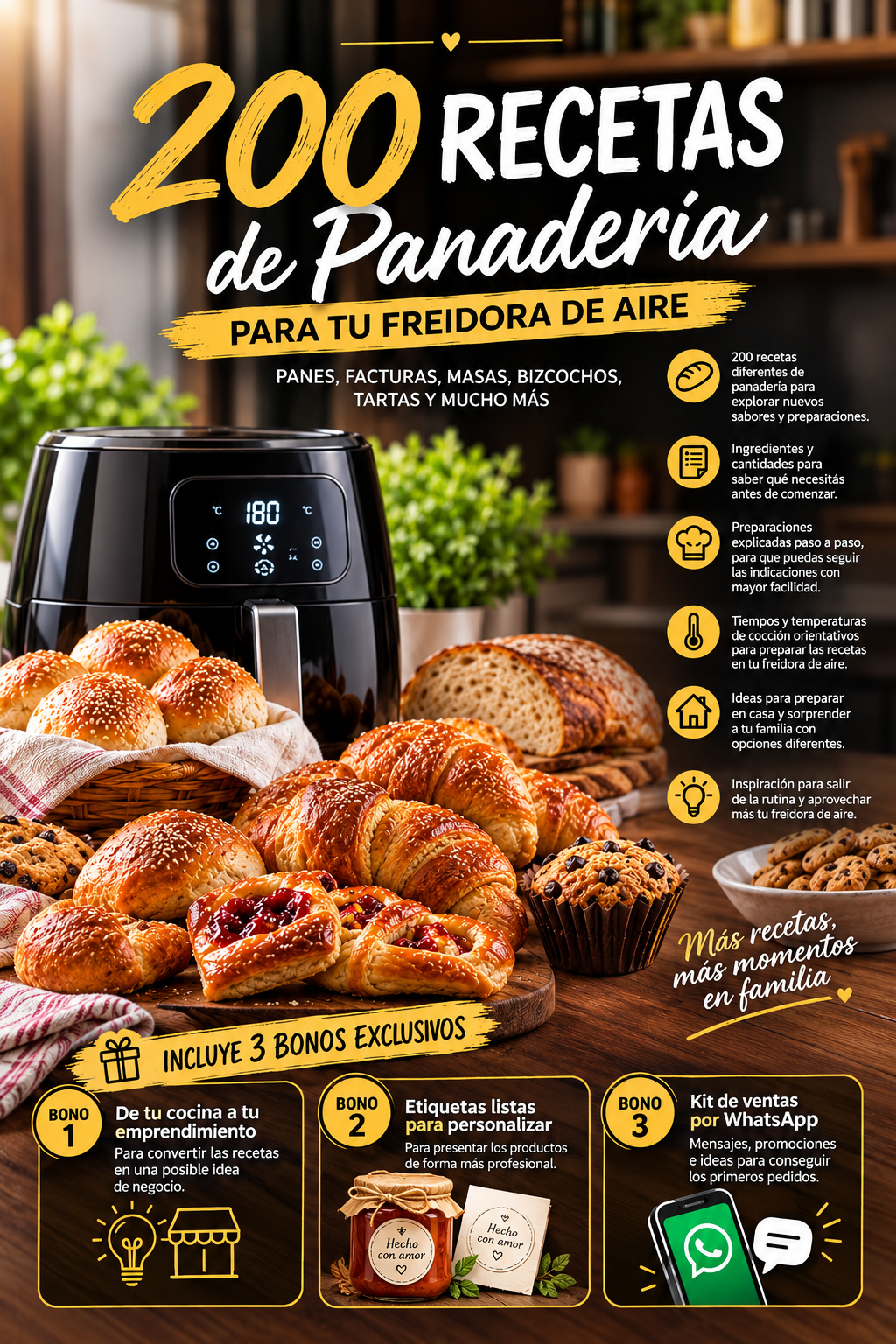 200 RECETAS DE PANADERIA PARA FREIDORA DE AIRE + 3 BONOS DE REGALO